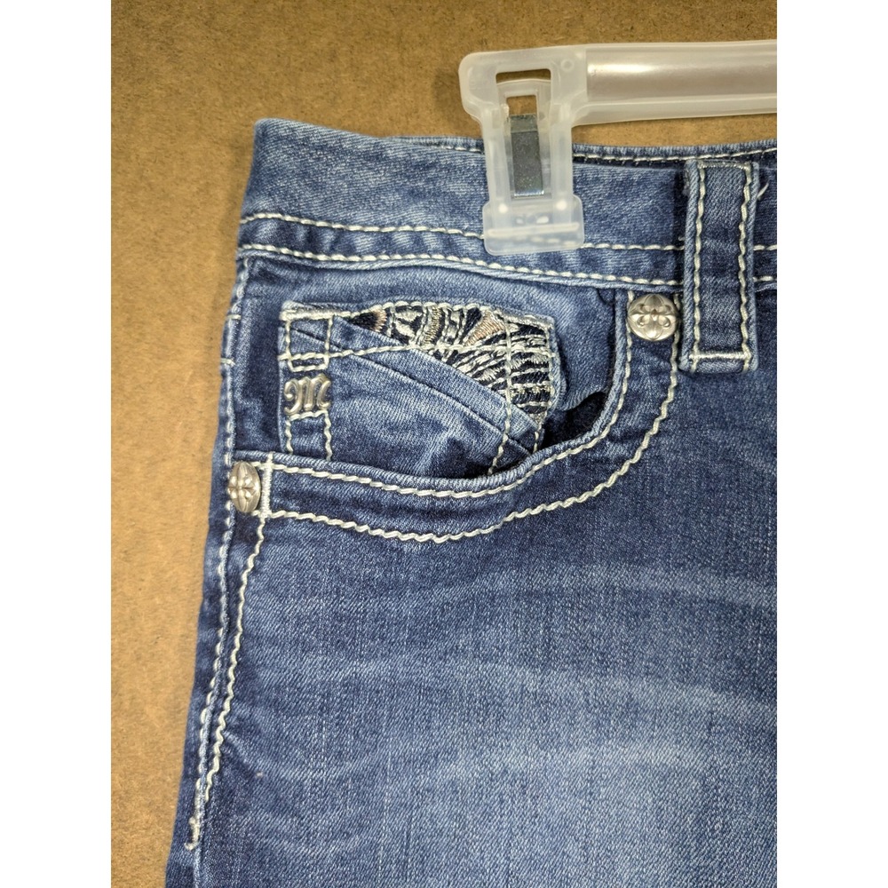 Miss Me Easy Skinny Jeans Womens 32 Mid Rise Fleur De Lis Embroidered Blue Denim - Picture 3 of 9
